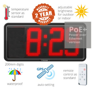 Large Outdoor LED Clock with PoE and 200mm digits